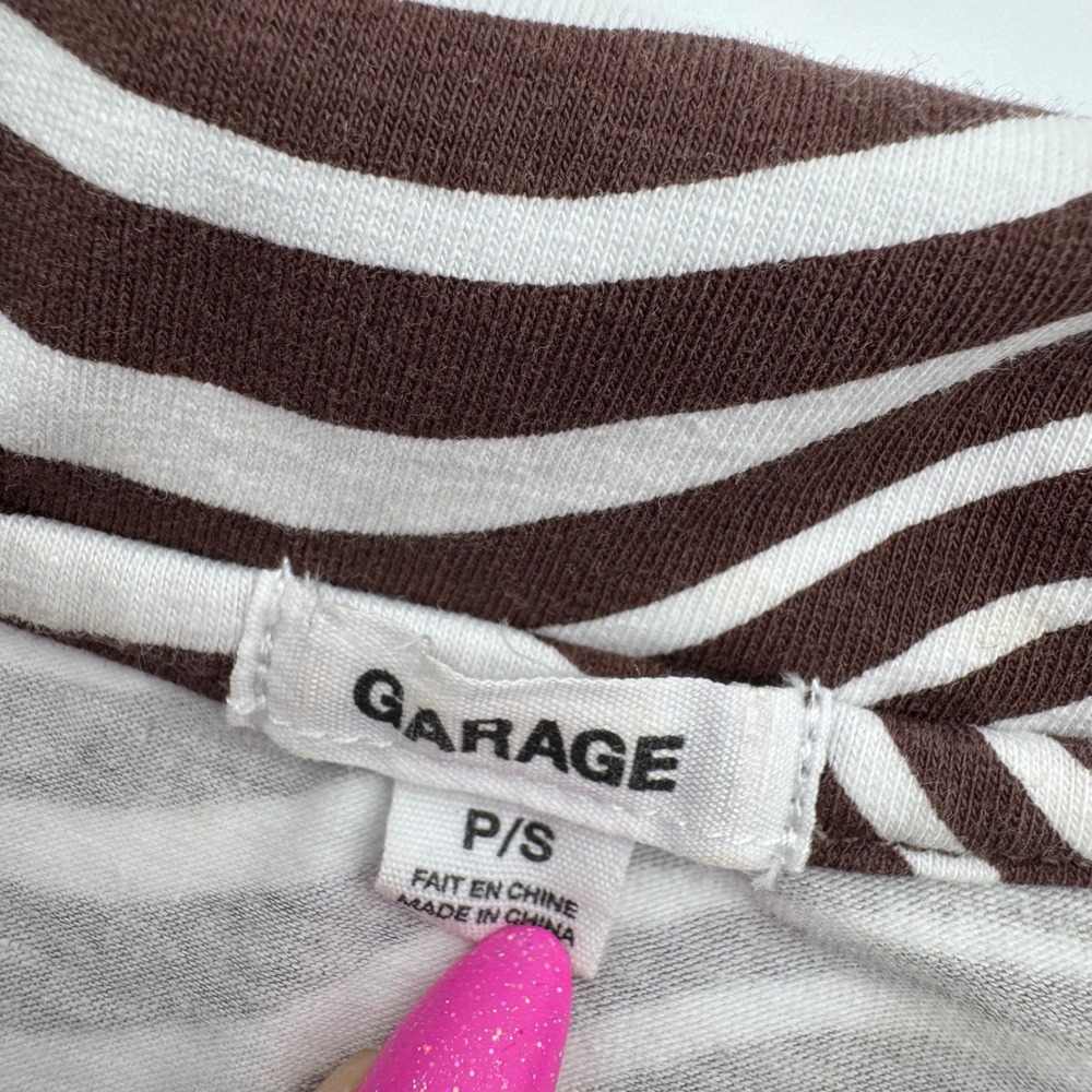 Garage Brown White Wavy Psychedelic Stripe Button Down Crop Top Womens Small - Picture 2 of 3